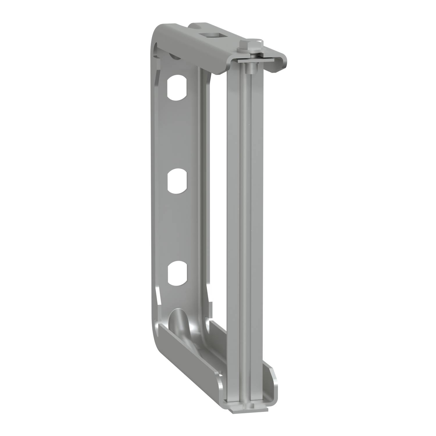 A grey metal angle bracket with three holes on the side, possibly for wall mounting or attaching other components.