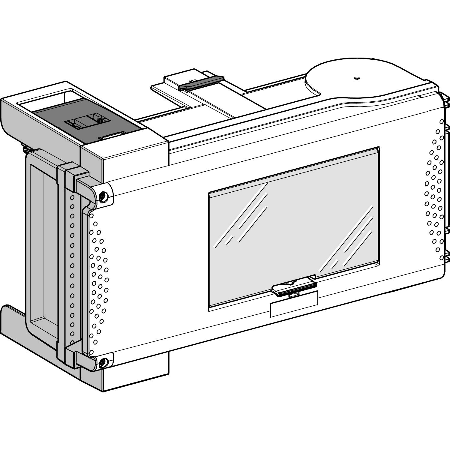 Technical drawing of an electronic device with a rectangular screen in the centre, with connections on the left side.