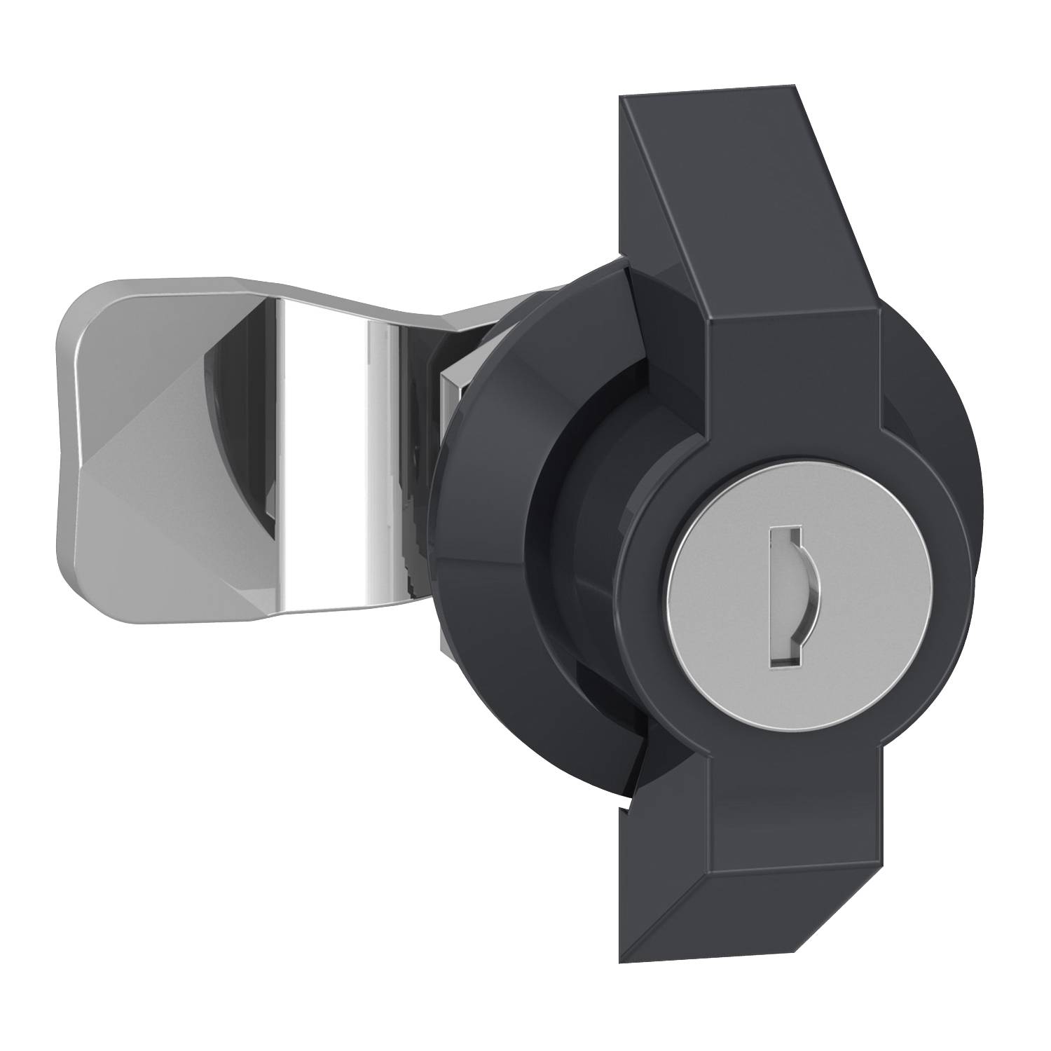 A black rotating lock with a silver keyhole, mounted on a surface.
