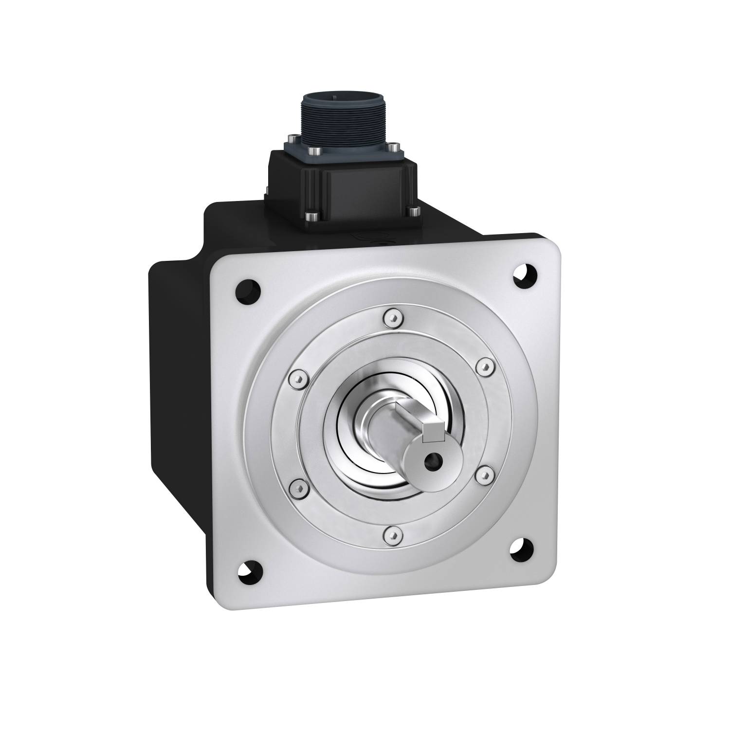 Compact electric servo motor, black with silver front plate and visible shaft connection, suitable for industrial applications.