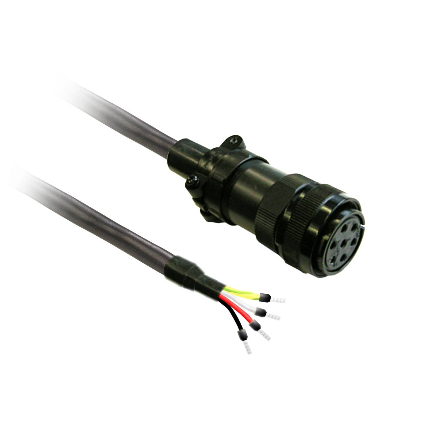 A black, multi-pole electrical connector with cable ends, partially colour-coded, for reliable protective connections.