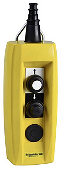 Yellow handheld control device with two black buttons, arrows for up and down movement, and a black cable connection at the top.