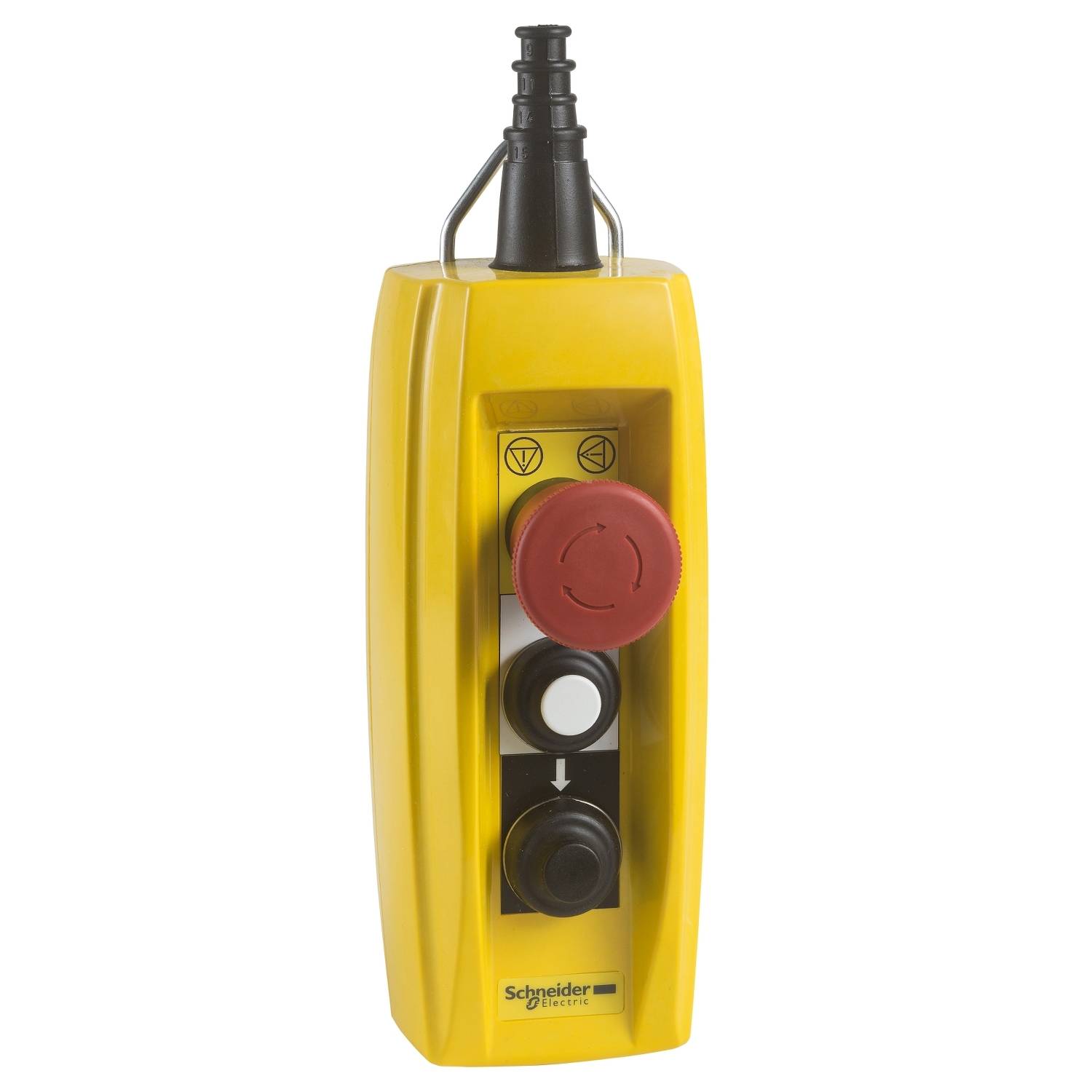 Yellow emergency stop switch housing with red mushroom button and two black control buttons for machine control, with 'Schneider Electric' logo below.