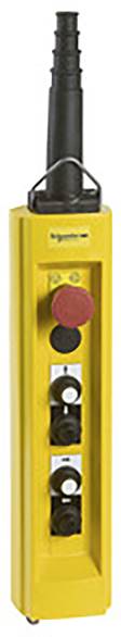 Yellow control enclosure with emergency stop button and two black toggle switches, used for machine control in industrial environments.
