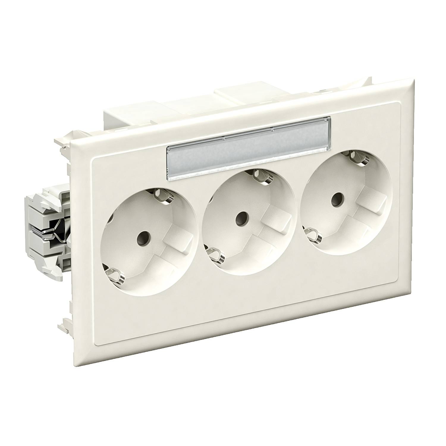 Three white plug sockets in a row on a rectangular plate suitable for wall mounting.