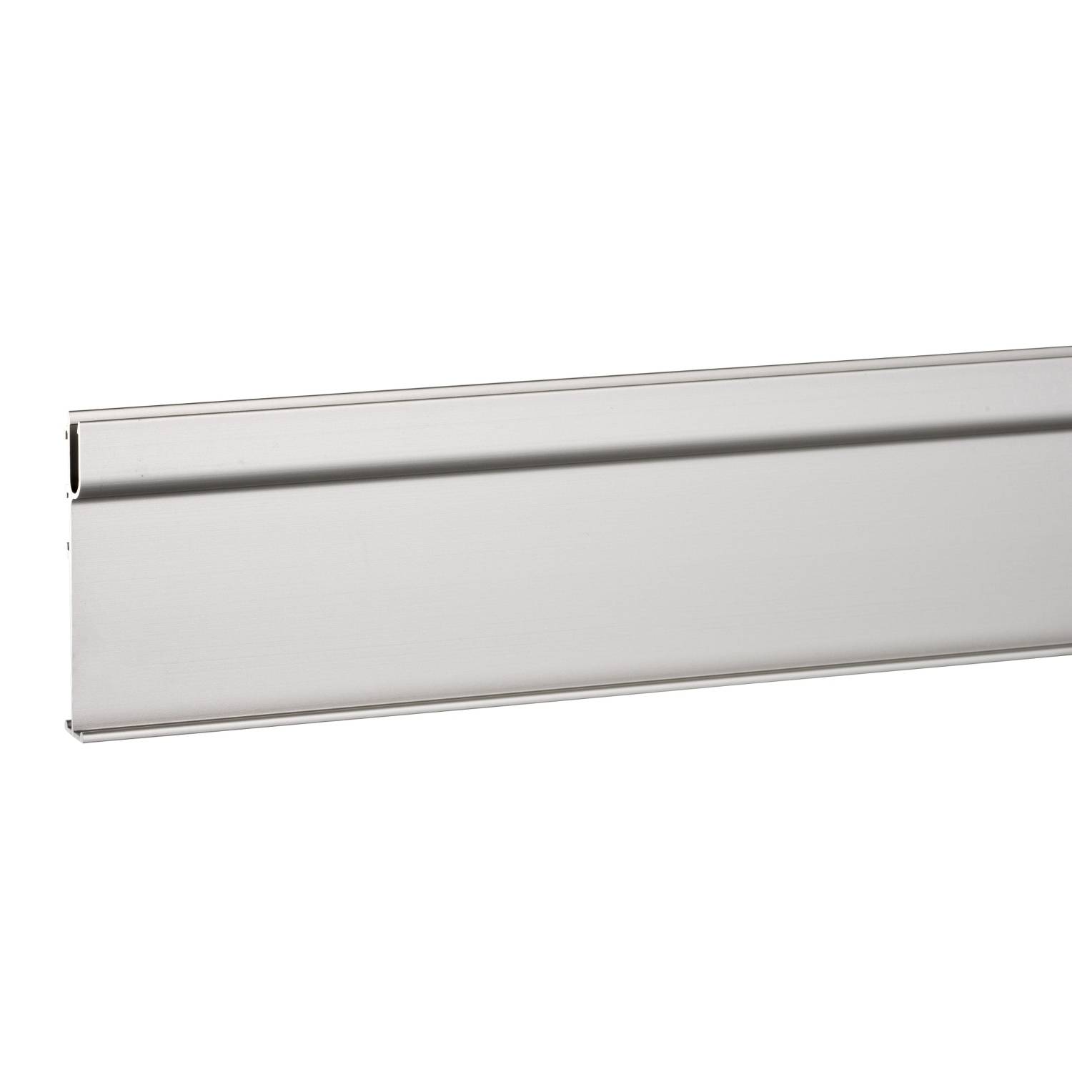 Metal plate with a straight edge, smooth surface, and slightly reflective appearance. Suitable for industrial or decorative applications.