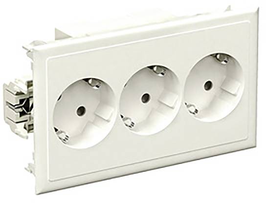 Triple socket in white wall plate; suitable for connecting multiple electrical devices in parallel.