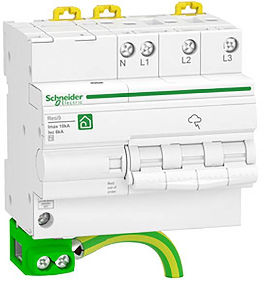 A four-pole protective circuit breaker from Schneider Electric with a yellow-green earthing terminal. Labelled with 'In = 63 A' and wiring details.