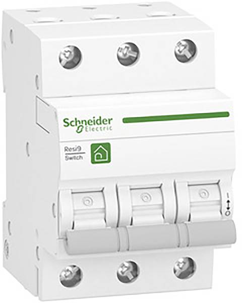 The image depicts a white three-pole circuit breaker from Schneider Electric with three toggle switches.