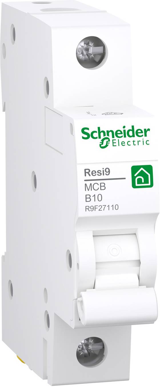 Circuit breaker by Schneider Electric, Resi9 model, MCB Type B10. White casing with green logo.