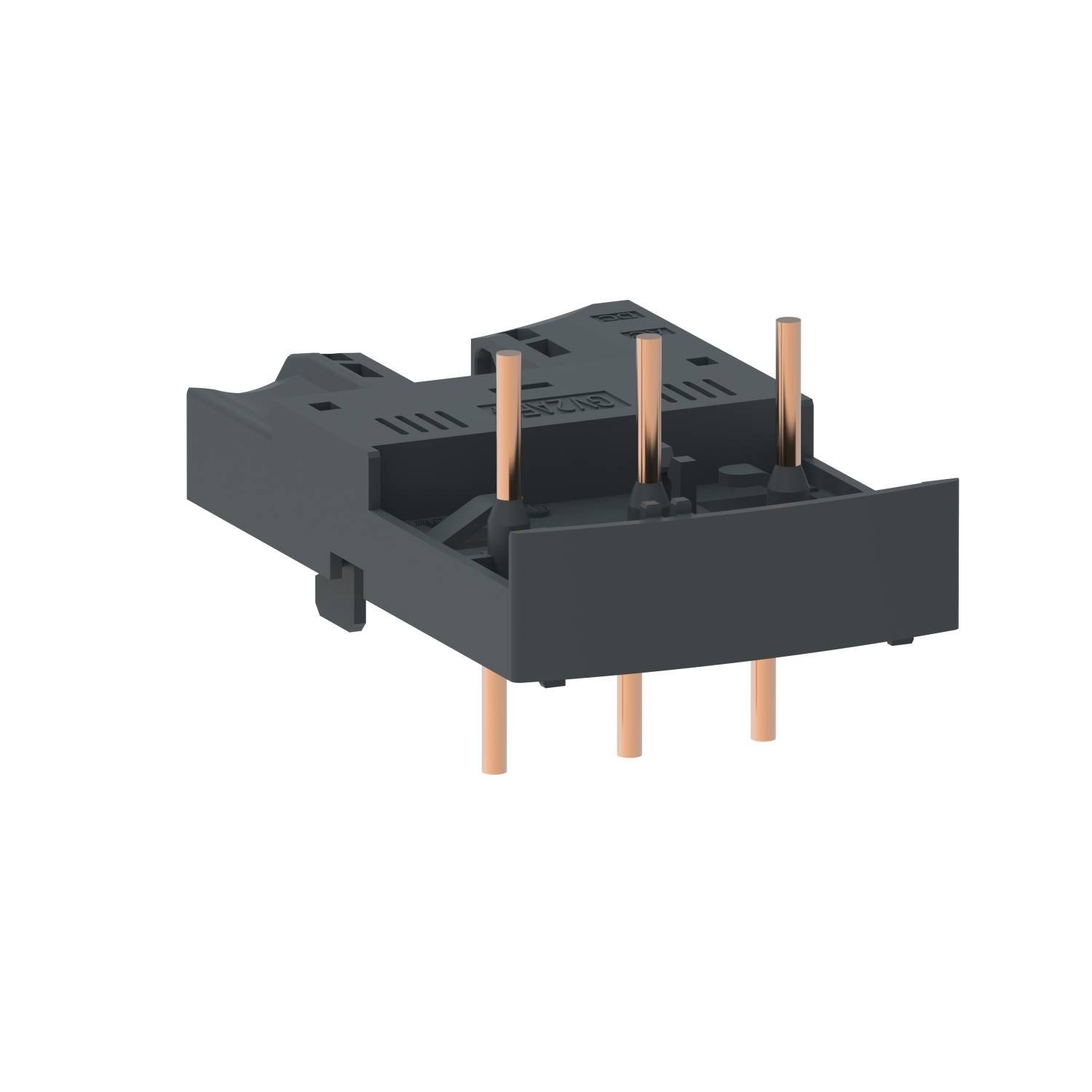A black electronic plug-in component with multiple copper pins protruding from its underside to secure it to a circuit board.