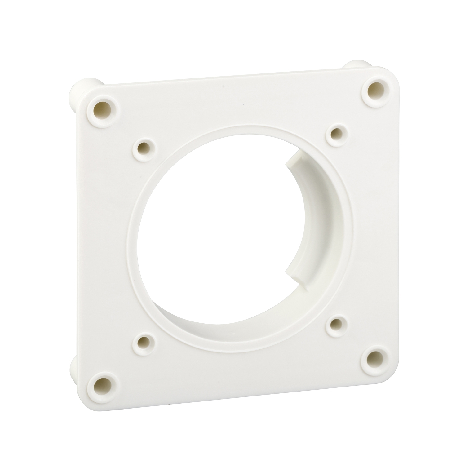 A white, square plastic flange with a central round aperture. It has four screw holes at the corners.