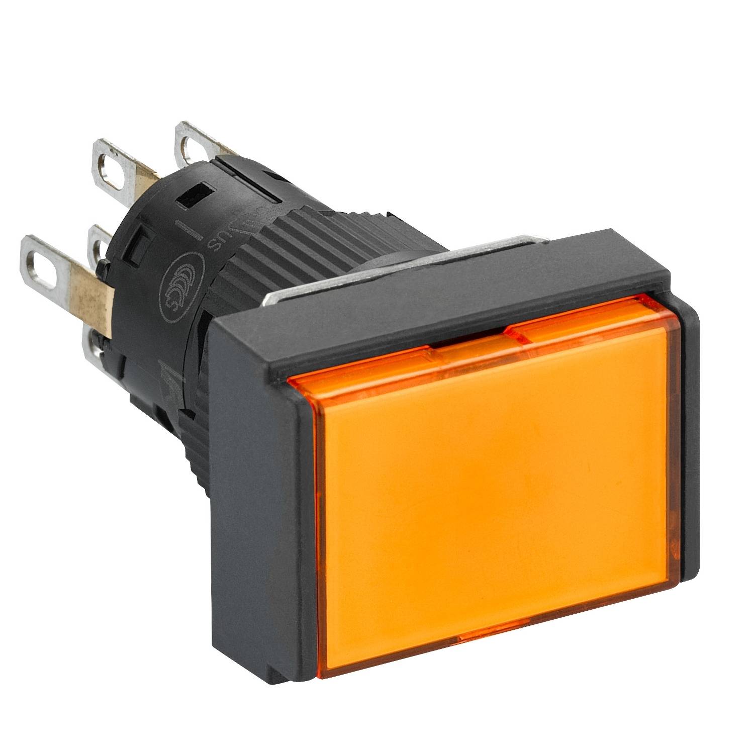 A rectangular orange illuminated push button, embedded in a black frame. Suitable for electronic controls.
