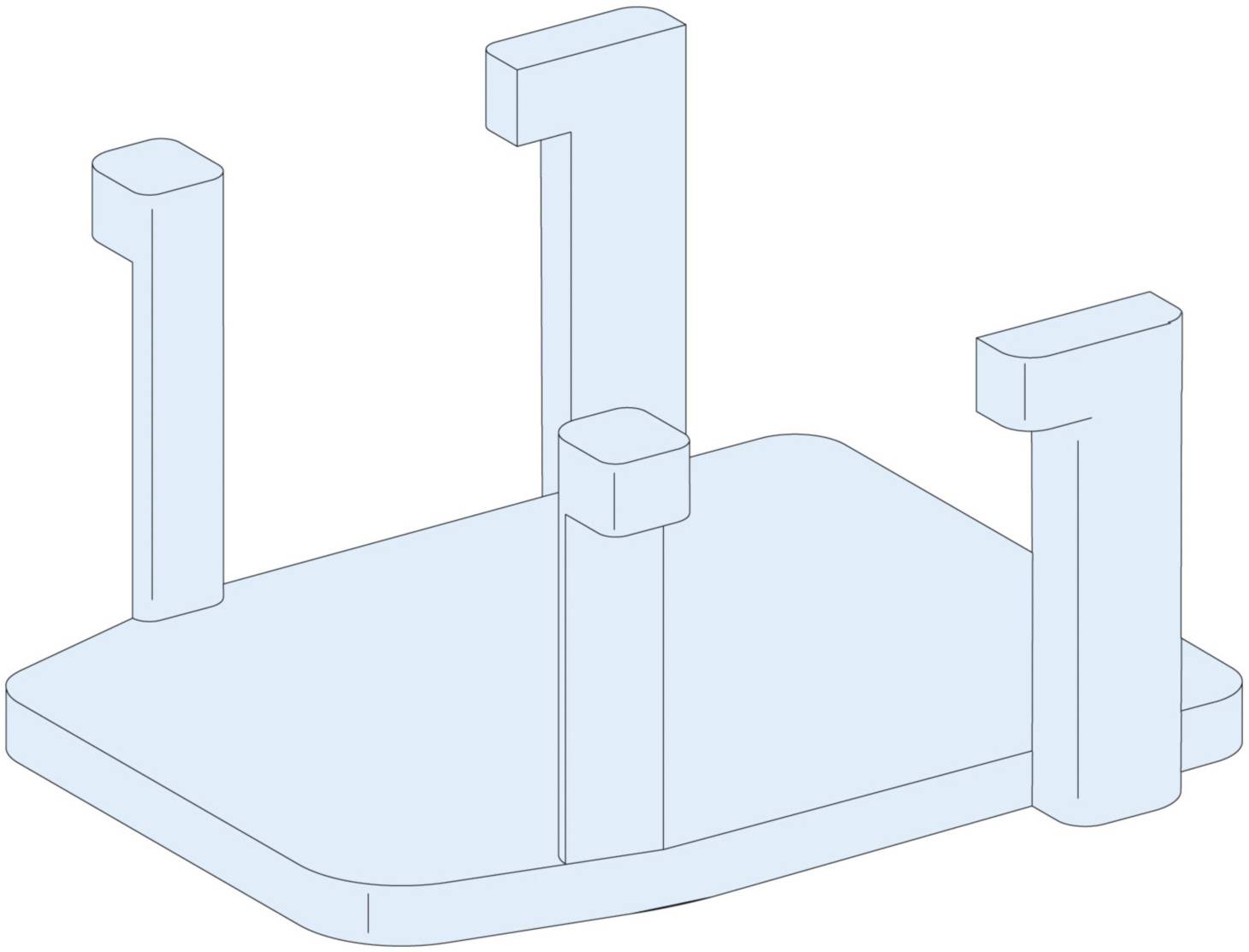 Isometric drawing of a blue, rectangular object with three irregular vertical protrusions along its edges.