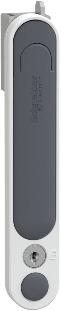 A grey swing lever lock by 'Spangler', with integrated cylinder lock and smooth surface.