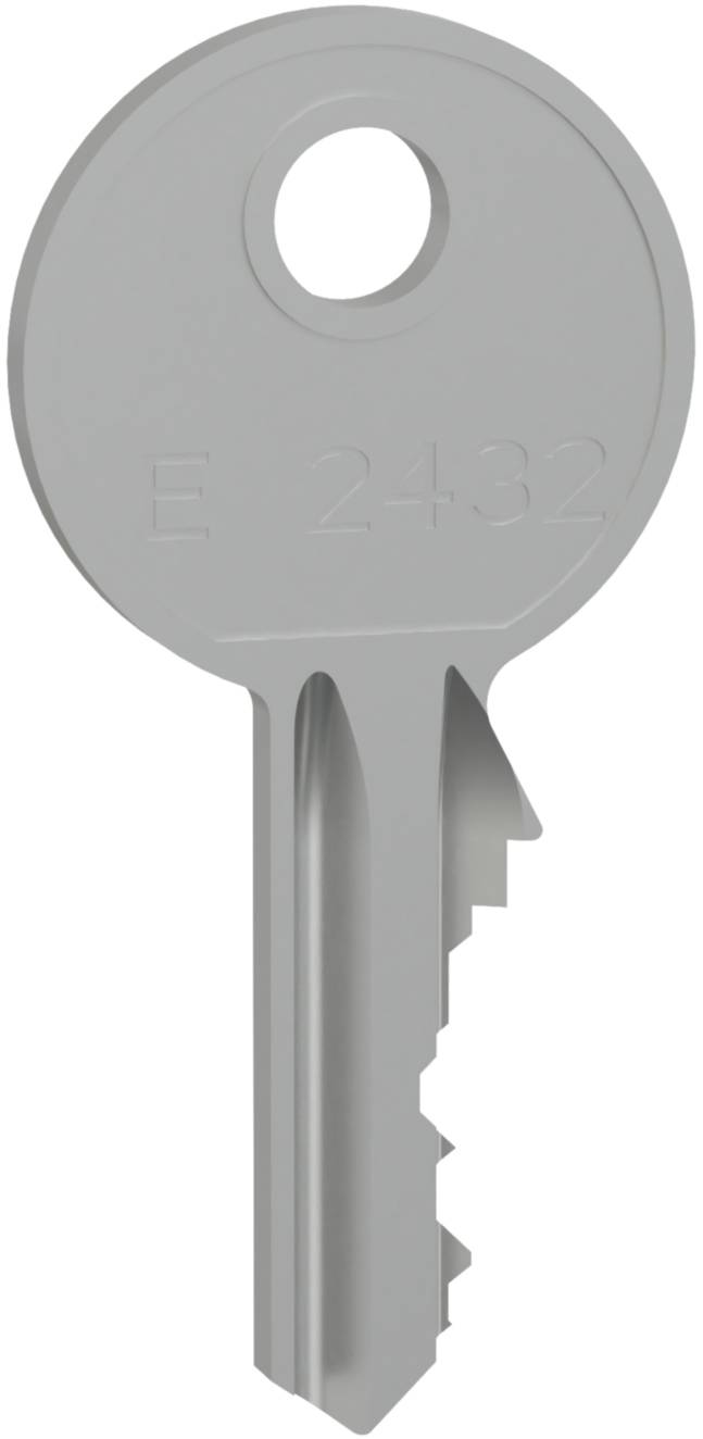 A silver key with the engraving 'E 2432'.