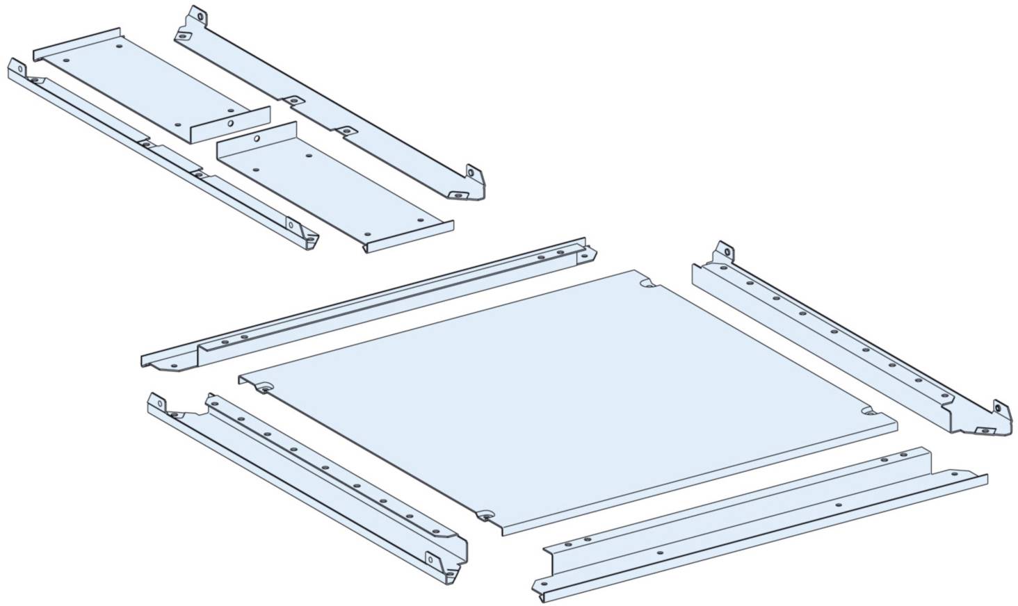 Metal components of a shelving unit shown in individual parts. Small plates in the top left, larger plates at the bottom. Components need to be assembled.