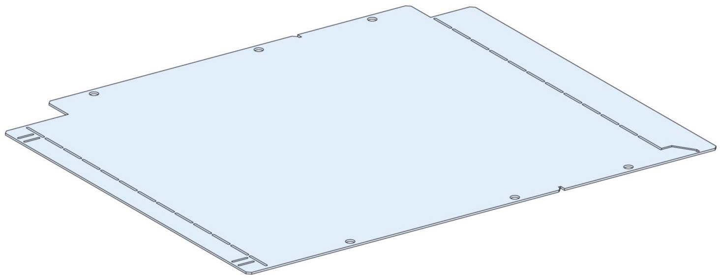 A bright, flat metal plate with several holes around the edge. It has angled edges and a wide, folded tab on one side.