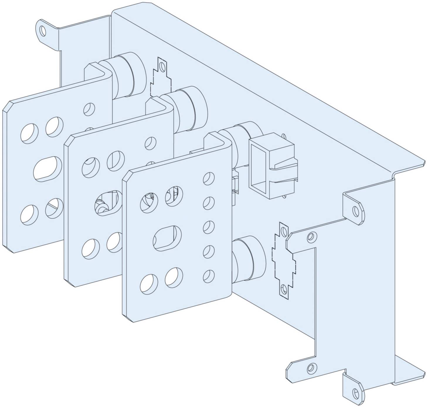 Technical drawing of a metal frame with multiple mounting plates and attachment points, potentially for electrical components.
