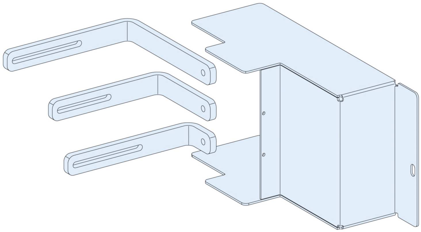 Exploded diagram of a mounting set, comprising a bracket and three different angles for wall mounting.