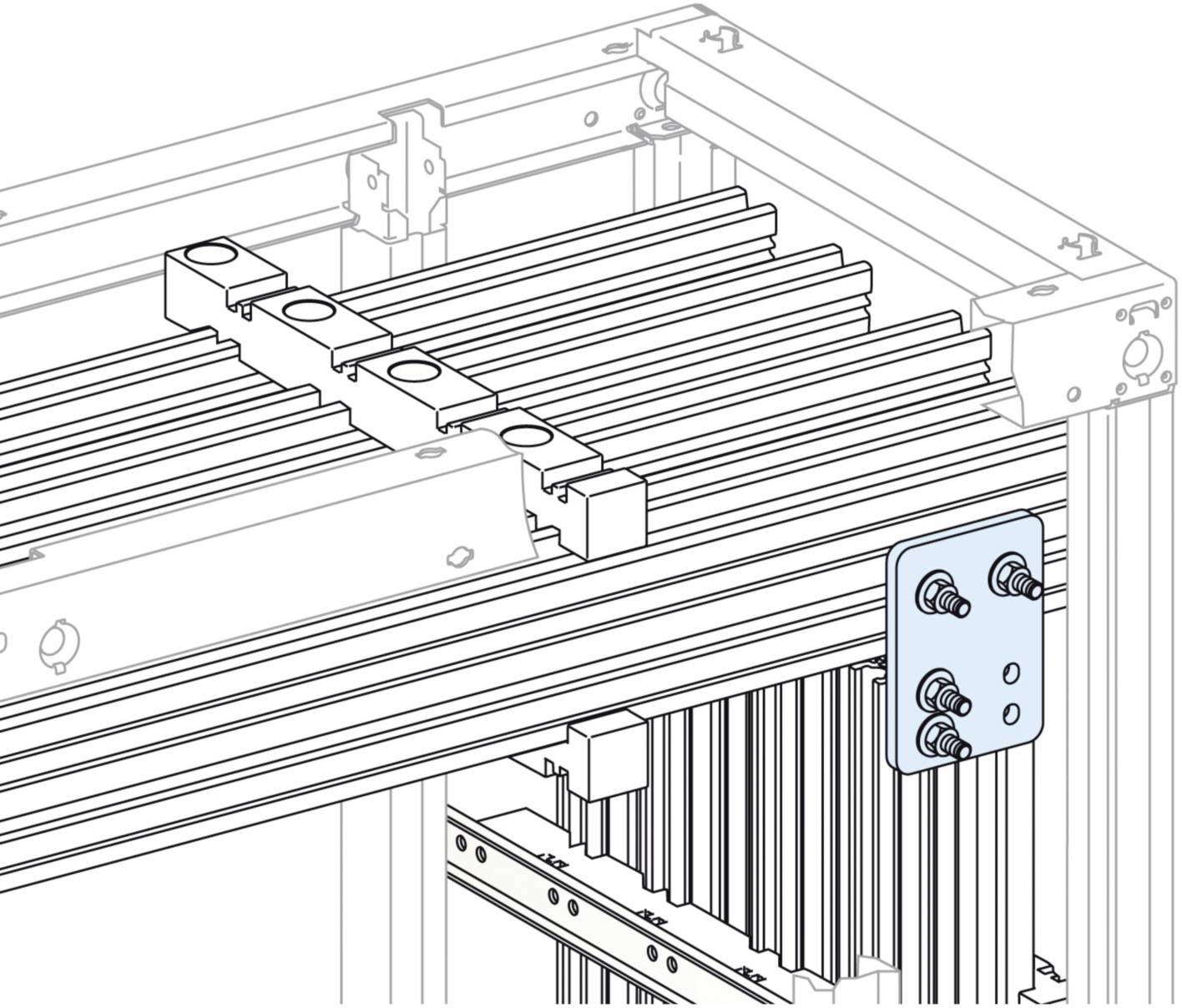 A technical diagram of an aluminium profile connecting element with screws and mounting brackets, part of a larger framing system.