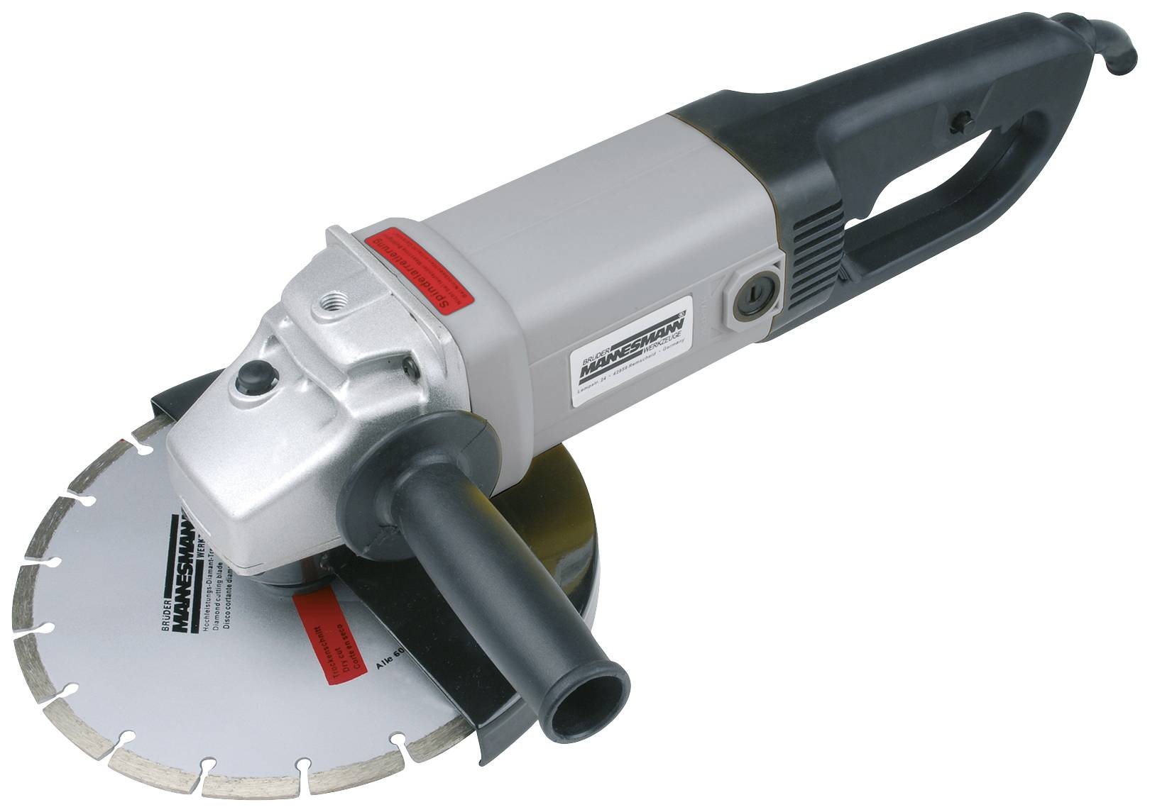 An angle grinder with a circular cutting disc and side handle, predominantly in grey and black, used for construction or renovation work.
