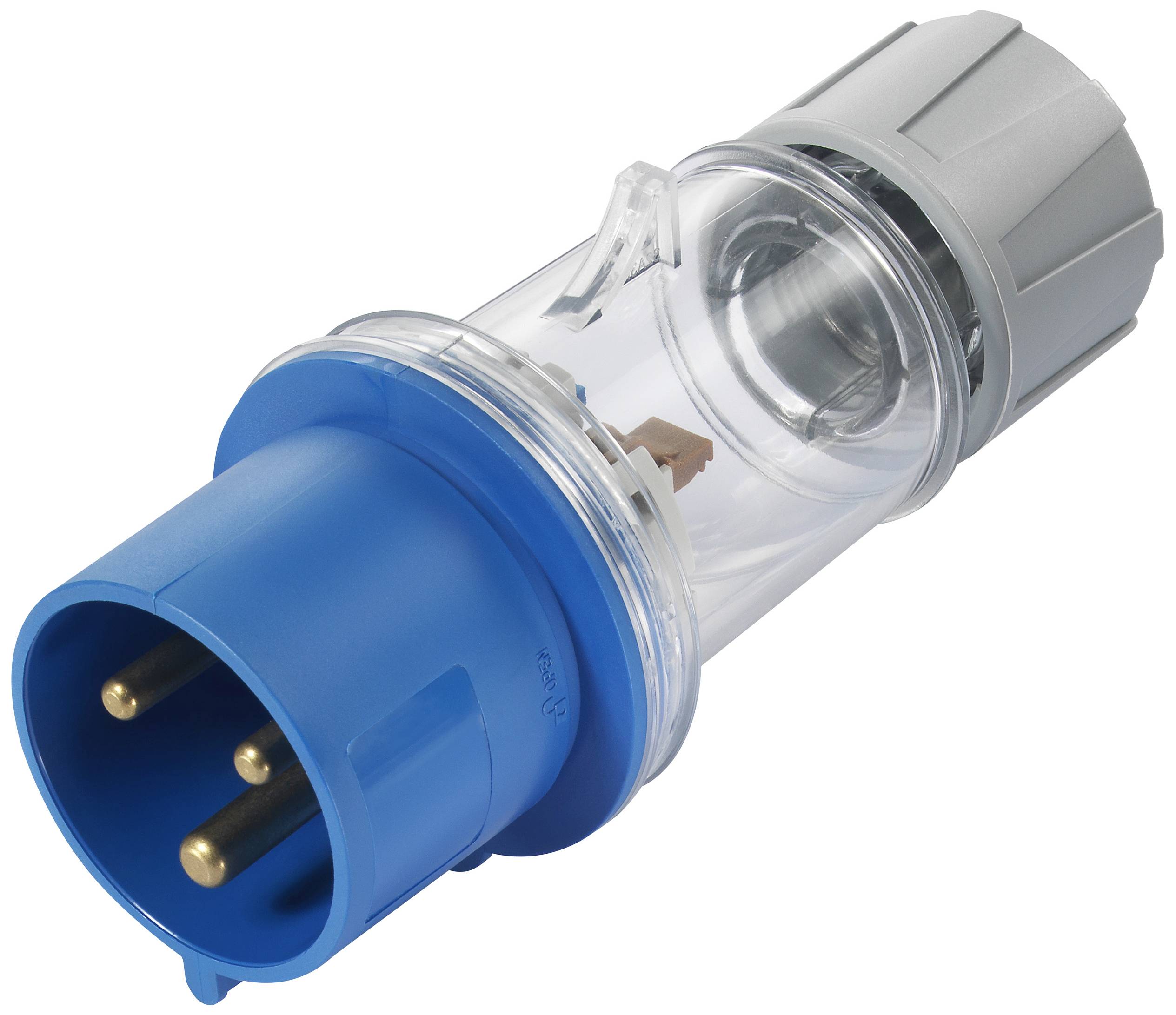 A blue three-pin plug with a transparent casing. Suitable for industrial applications, showing the plug connections.