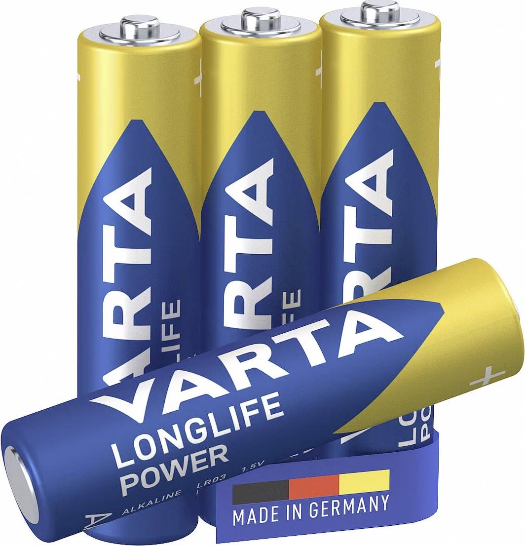 Four AA Varta Longlife Power batteries, standing and arranged side by side. Text 'Made in Germany' visible.