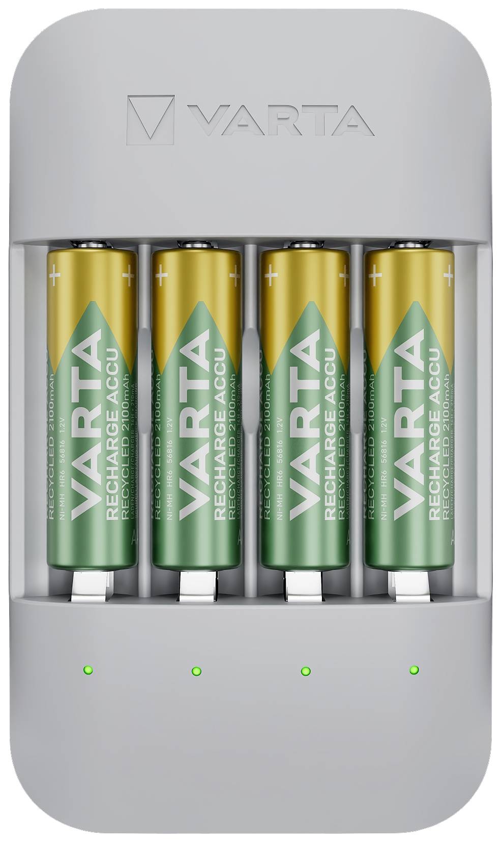 A battery charger with four charged VARTA batteries. Each battery shows the plus sign facing upwards. Charger glows green at the bottom.