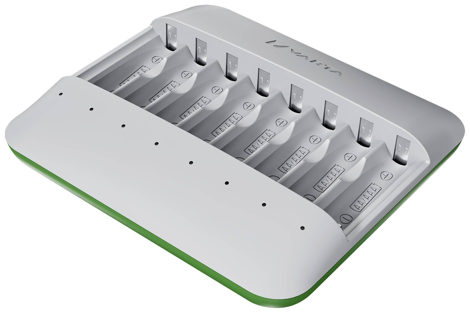 Battery charger with eight slots, compatible with AA or AAA batteries, with some batteries inserted during the charging process.