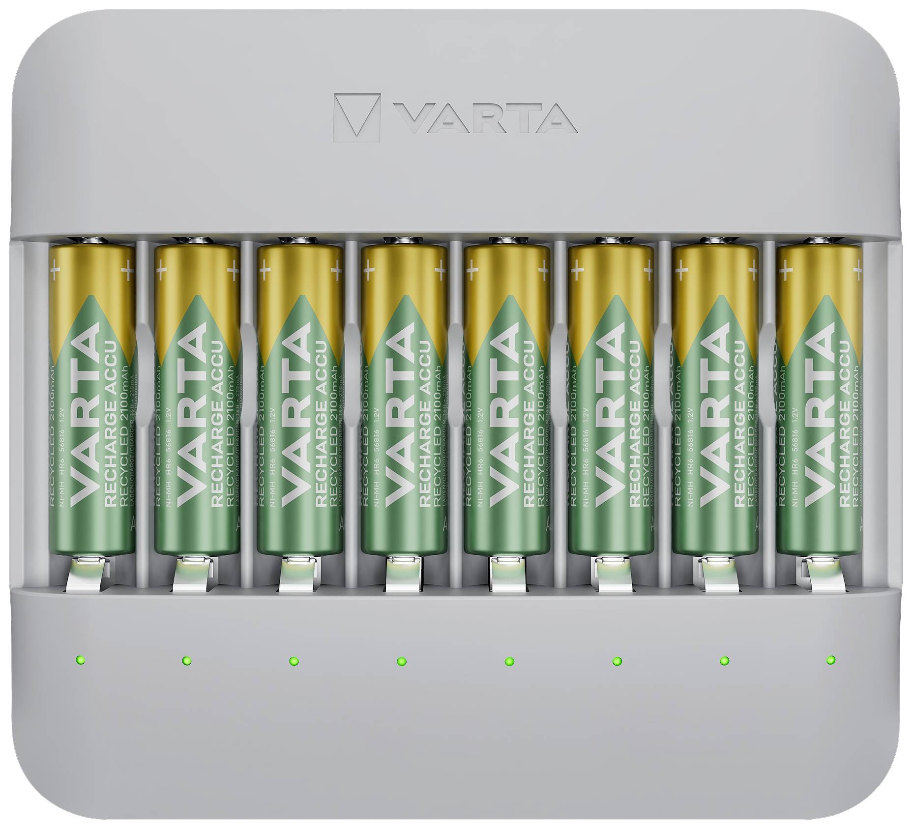 Eight batteries, some green and some yellow, are placed in a Varta branded charger.