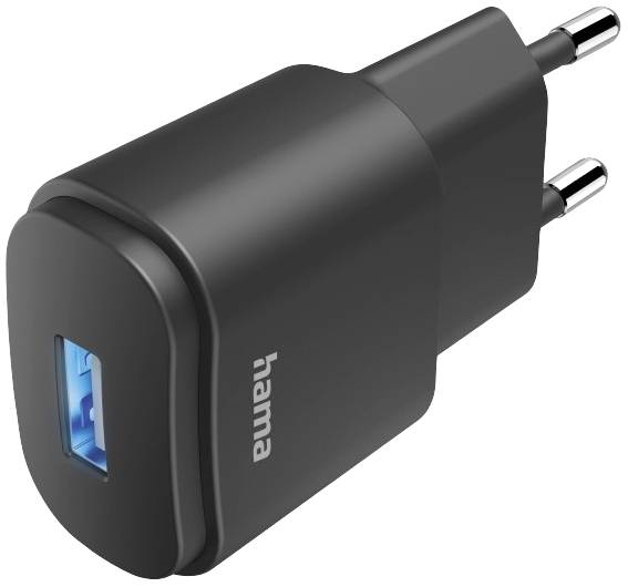 A black USB charger with European plug by Hama, suitable for charging electronic devices.
