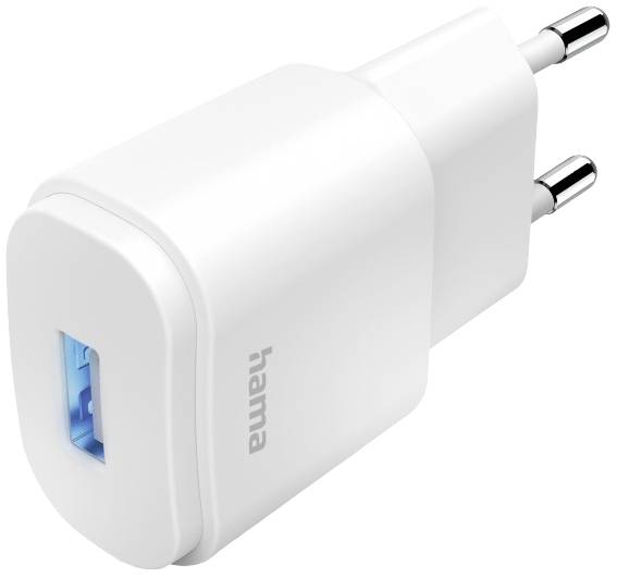 A white USB charger with two pins and a blue USB port by the brand Hama.