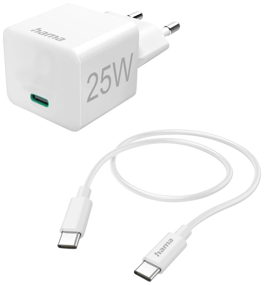 White Hama 25W USB-C Charger and Cable. The adapter has an EU plug and a USB-C port. The cable has USB-C plugs at both ends.