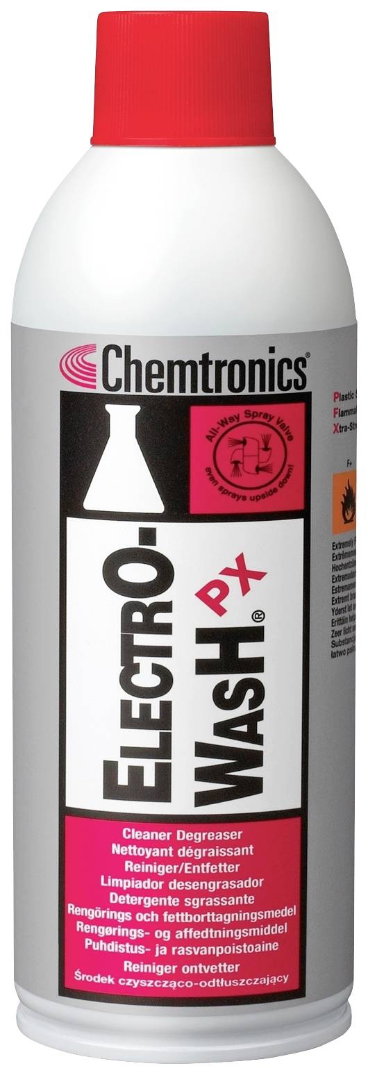 Spray can with label 'Electro-Wash PX'. Suitable for cleaning sensitive electronic components.