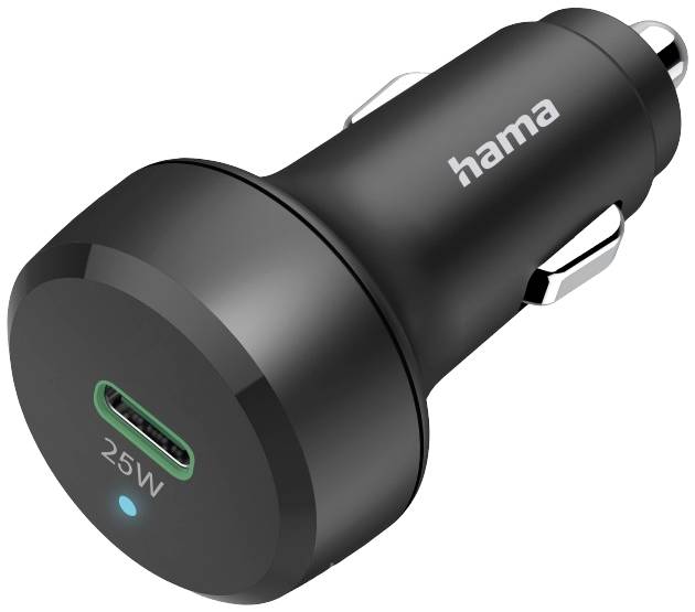 Black USB-C car charger with 25W from Hama, suitable for fast charging in the vehicle.