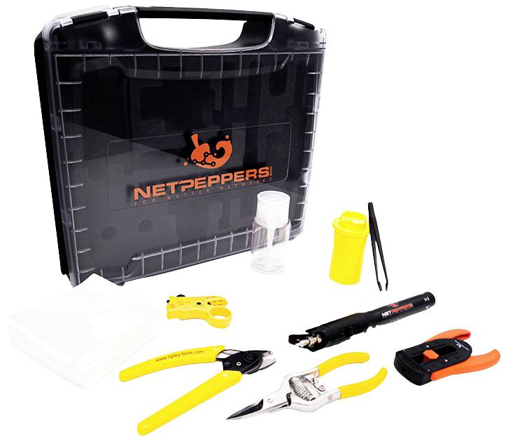Black tool case with the 'NetPeppers' logo and an open lid. Various yellow and black tools are laid out in front of it.