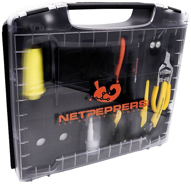 A black tool case with a transparent lid, containing yellow and black tools. On the front is written 'NETPEPPERS'.