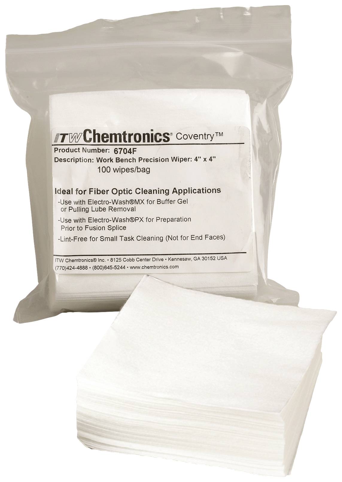 Packaging of Chemtronics 6704F, a workbench precision wipe, ideal for cleaning optical fibres, 100 wipes per pack.