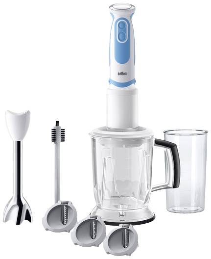 Hand Blender Set comprising a blue blender, mixing container, knife replacement accessory and a tall measuring jug. Perfect for cooking novices.