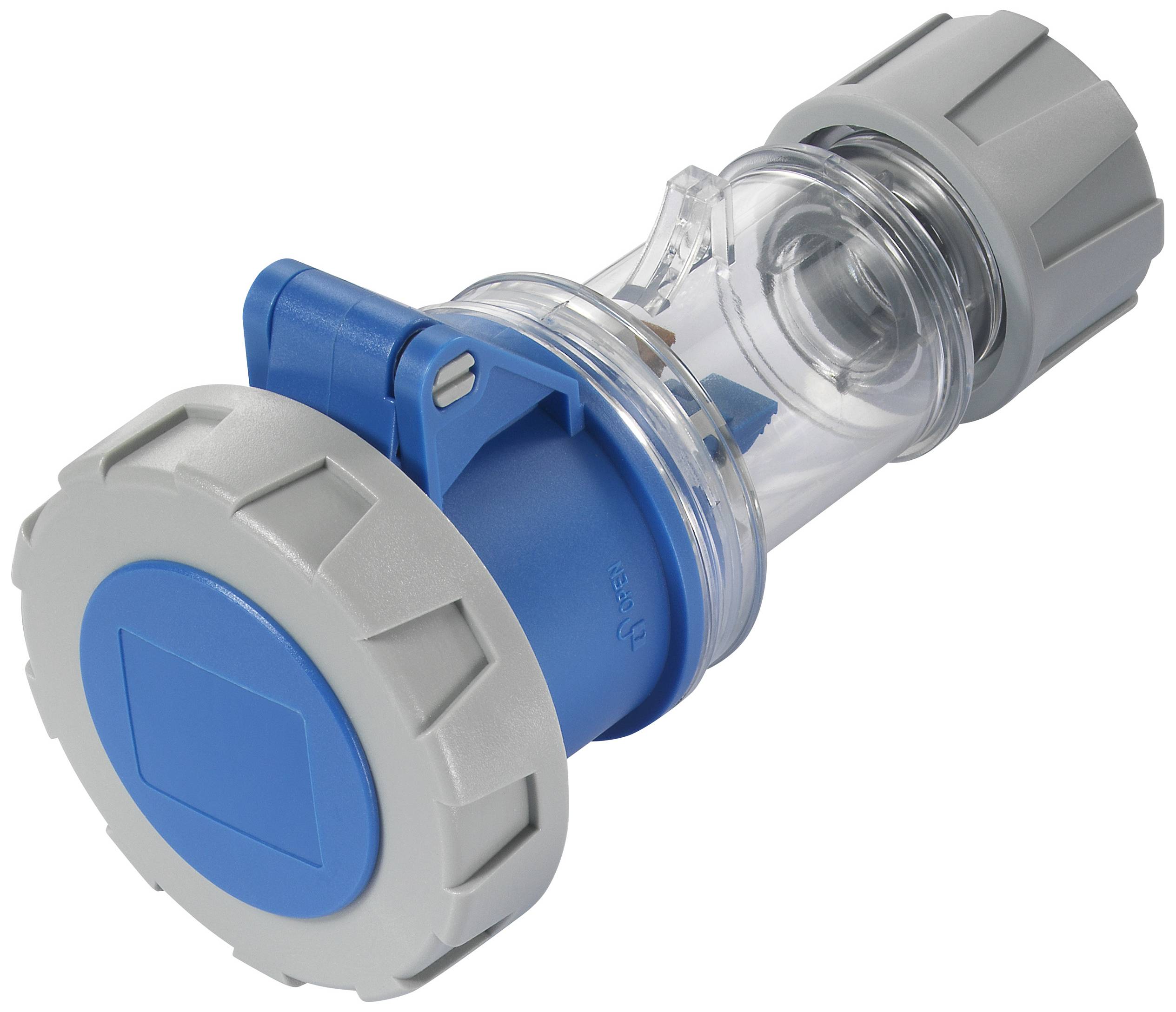 A blue-grey water filter with a transparent housing reveals its internal structures.