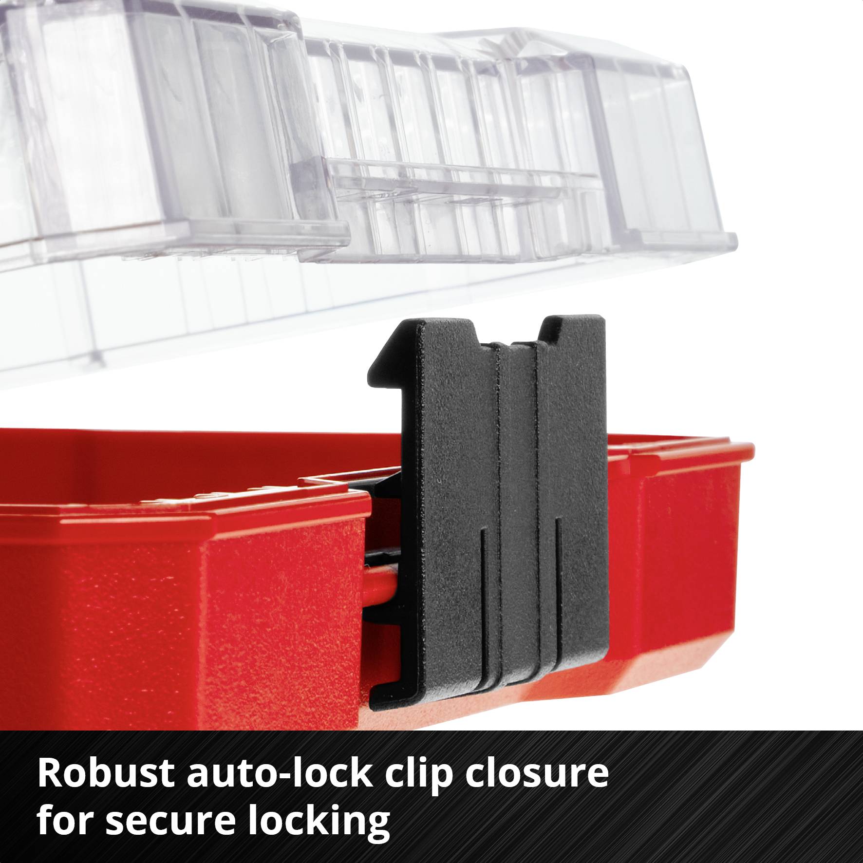 Red container with a robust auto-lock clip closure, ensuring a secure seal.