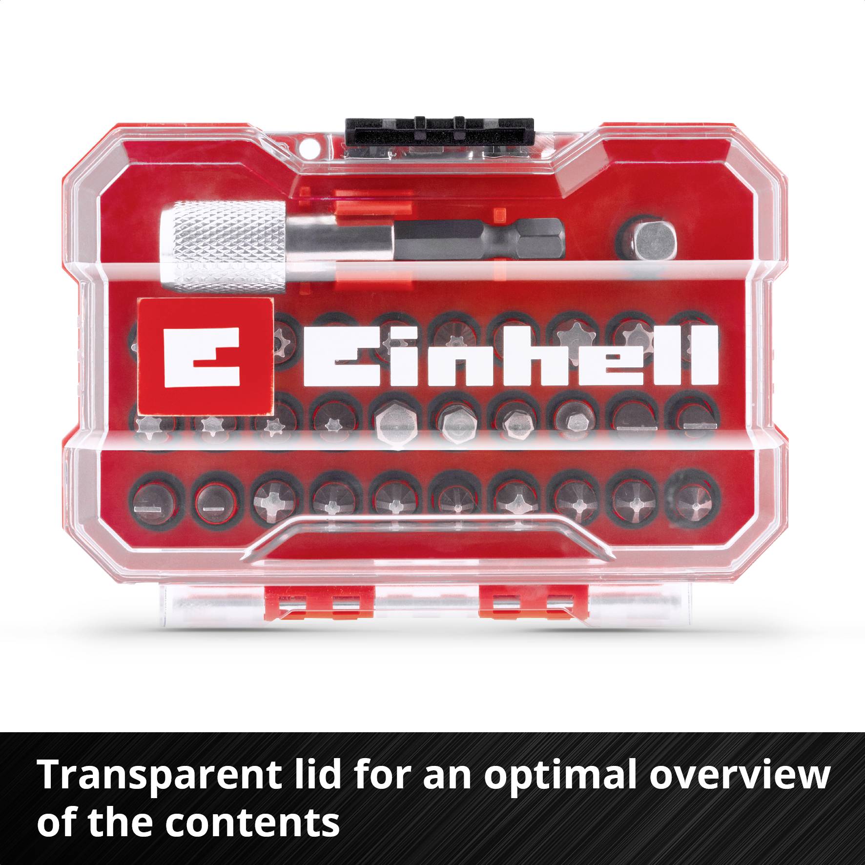 A red set with various bits and a screwdriver, in a transparent case with the brand's logo and name.