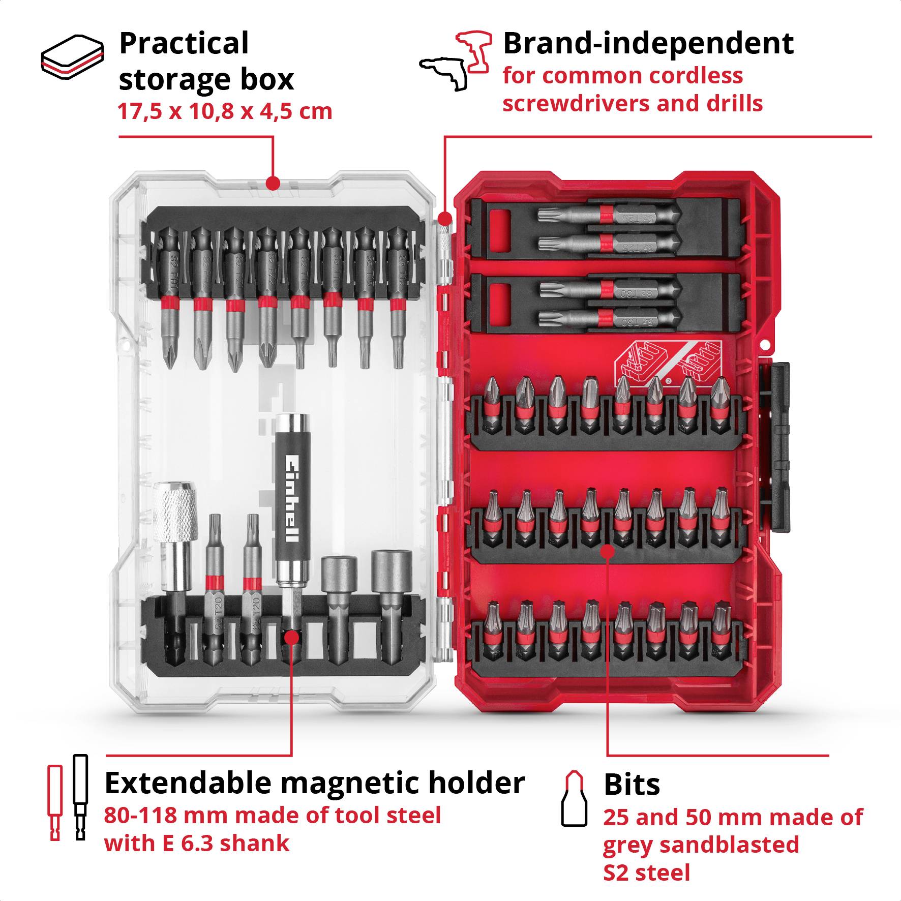 A set of screwdriver attachments and bits in a clear box, labelled for cordless drills and power tools, with magnetic holder.
