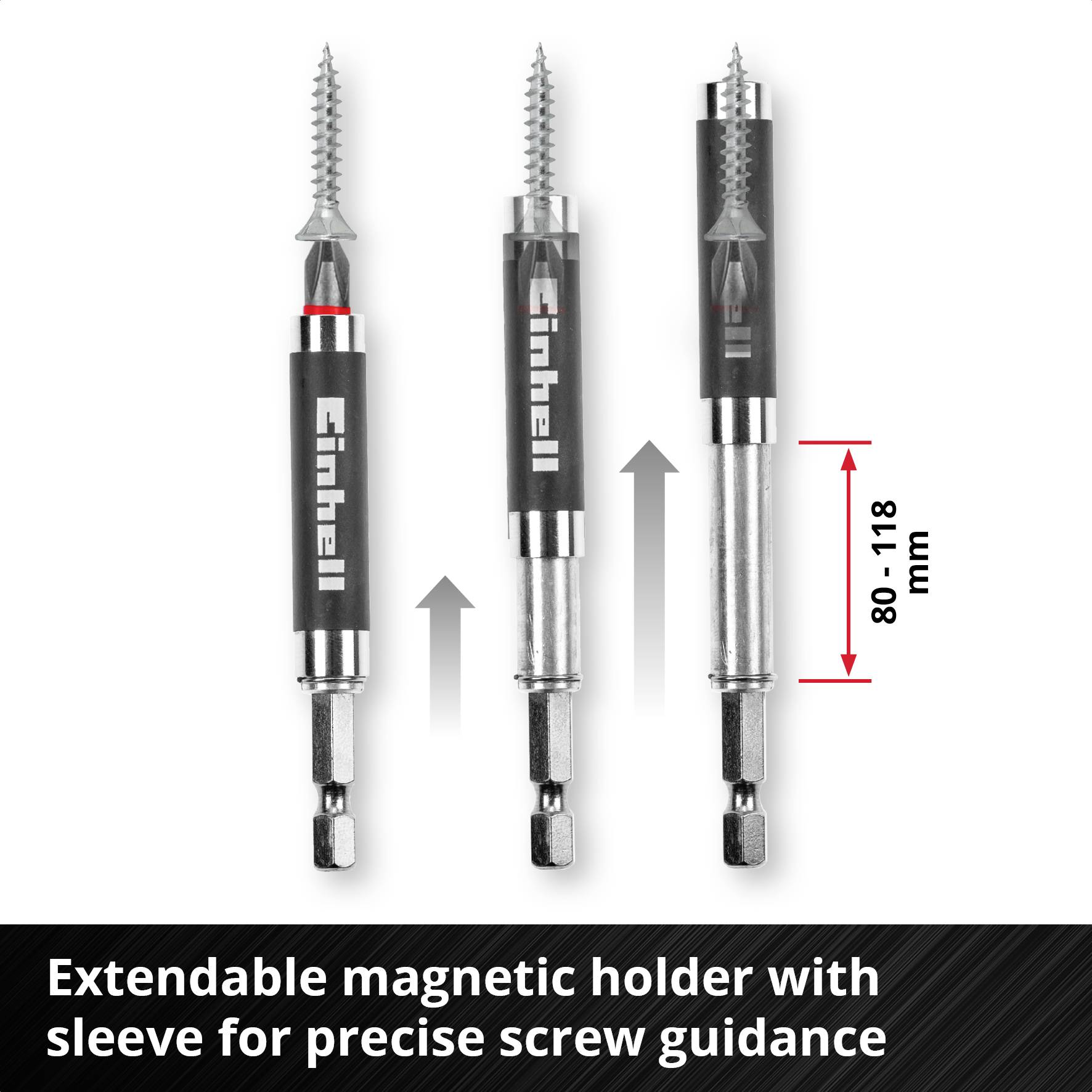 Three screwdrivers with extendable magnetic holder and sleeve for precise screw guidance, length up to 118 mm.