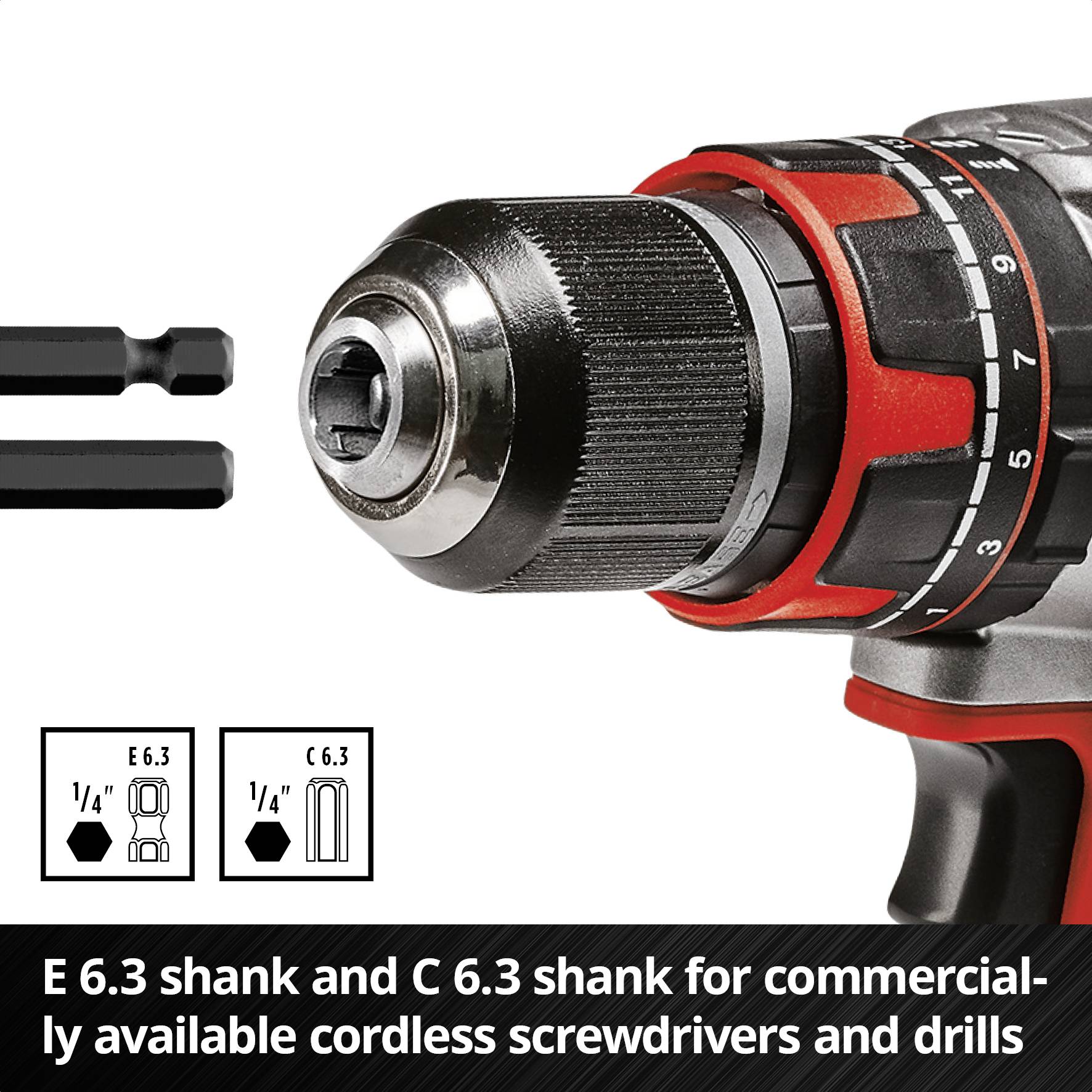 Cordless screwdrivers and drill machines with E 6.3 and C 6.3 shank. Compatible with standard devices. Hexagonal connection shown.