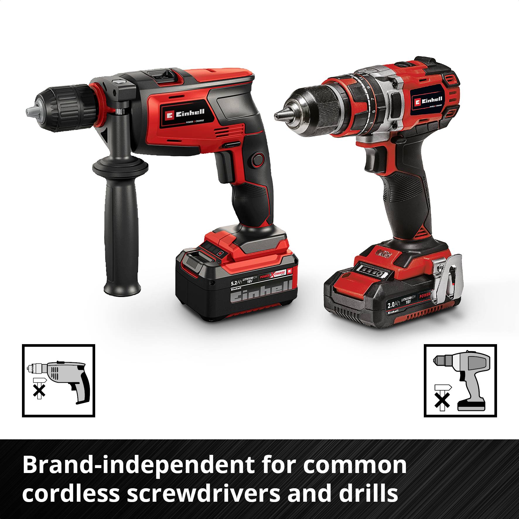 Two red, cordless drills with handles and batteries. Text below: 'Compatible with popular battery-powered screwdrivers and drills, regardless of brand'.