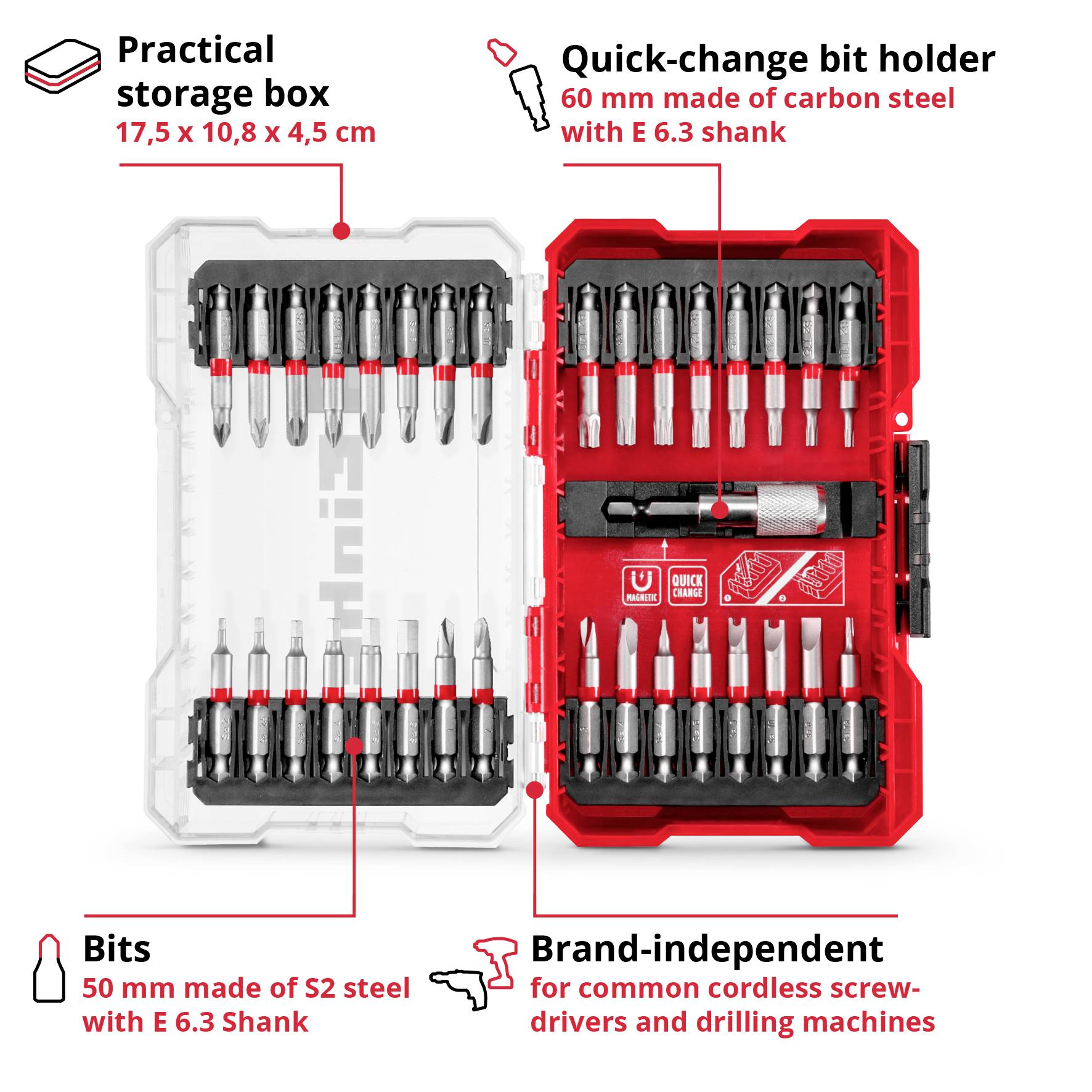 Practical storage box with drill bits and quick-change bit holder, compatible with common cordless screwdrivers and drills.