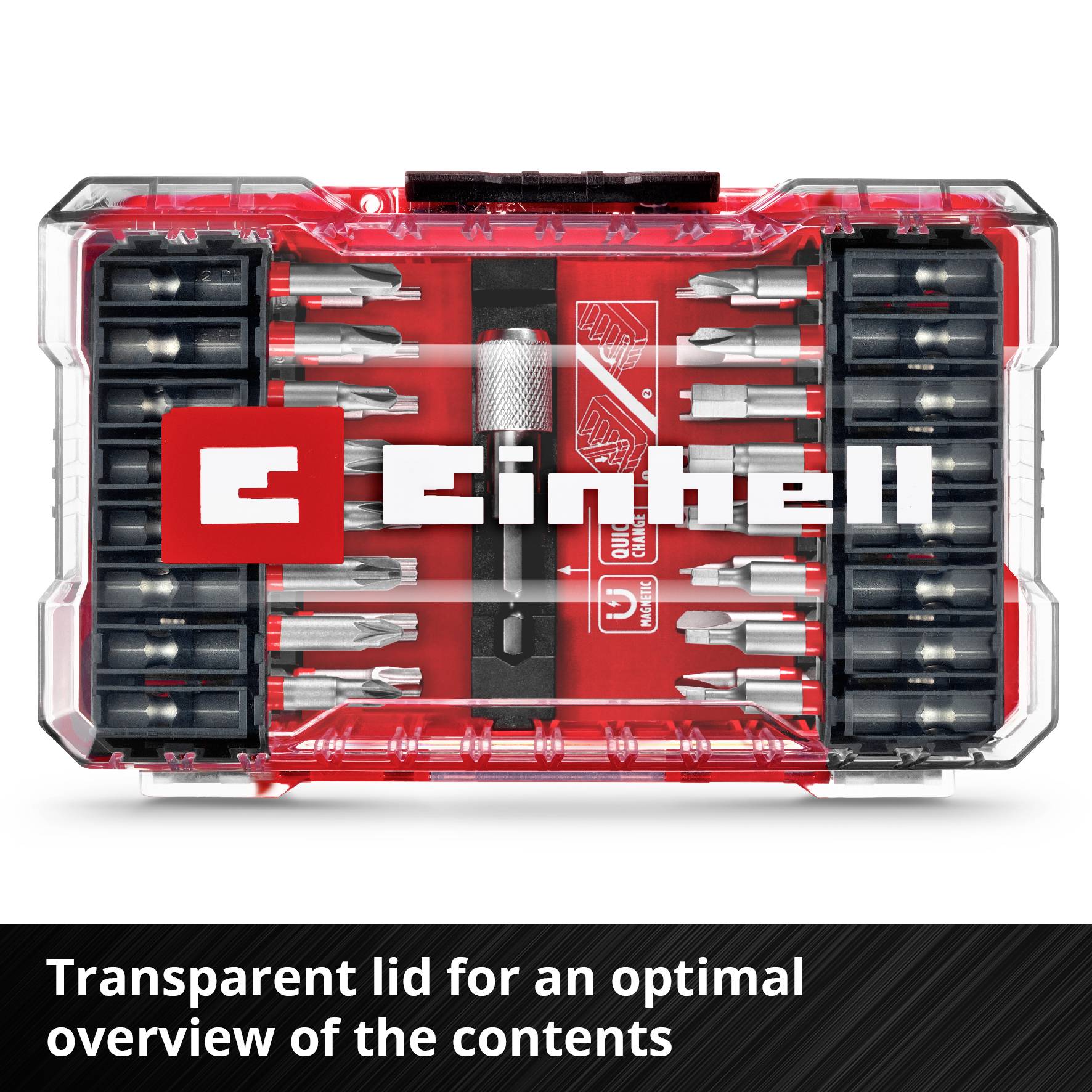 Drill bit set in transparent case with logo and 'Transparent lid for optimal content overview' text underneath.