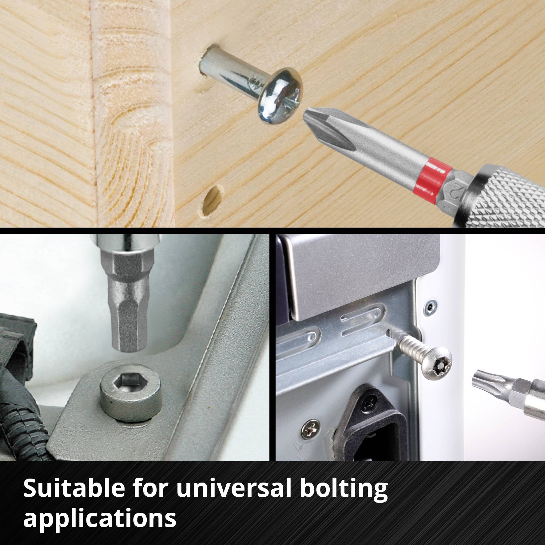 Four images show different scenarios of screwing with a red screwdriver. Text: 'Suitable for universal screw situations'.
